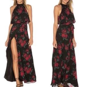 Lovers + Friends Golden Ray Maxi Dress Gown Black Red Floral Rose